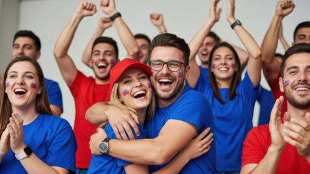 A group of happy fans cheering and celebrating a win, embracing and showing excitement.の素材
