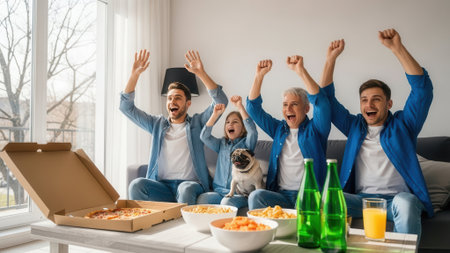A group of people are cheering with their arms raised, enjoying pizza and drinks while watching something on television.の素材