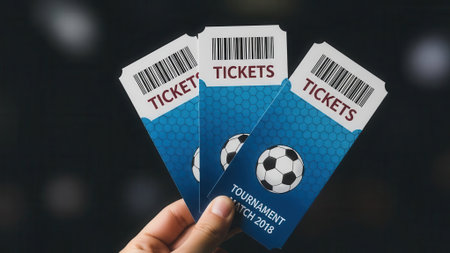 A close-up shot of a hand holding three blue soccer tournament tickets with a soccer ball design. The tickets are labeled TICKETS and have barcodes.の素材