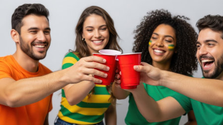 Group of friends toasting with red cups, smiling and celebrating at a party, enjoying the moment.の素材