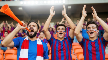 A vibrant image of football fans celebrating a game, with face paint, horns, and raised arms in a packed stadium.の素材