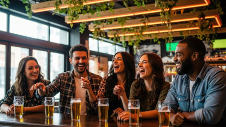Group of friends laughing and drinking beer at a bar, enjoying each others company and having fun.の素材