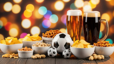 A vibrant image showcasing a selection of snacks, beer, and soccer balls, perfect for a sports-themed gathering or celebration. The composition includes various snacks, different types of beer, and soccer balls, all set against a blurred background of lights.の素材