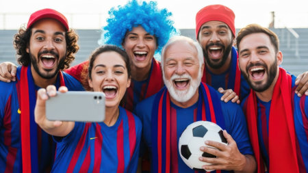 Group of happy soccer supporters taking a selfie after winning a match, wearing team colors and celebrating the success.の素材