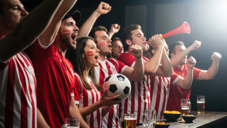 A group of soccer fans in red and white striped shirts are cheering, holding a soccer ball, and blowing horns in a bar setting.の素材