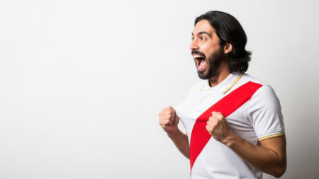 A man in a white jersey with a red sash celebrates a goal, showing excitement and happiness.の素材