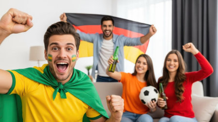 A group of soccer fans are celebrating a victory, with flags, face paint, and drinks. The image captures the excitement and joy of the moment.の素材