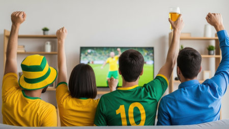 Group of friends celebrating a soccer match, enjoying drinks, and cheering in front of the TV.の素材