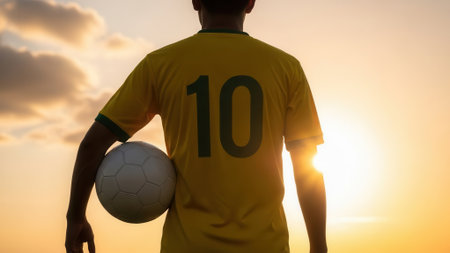 A soccer player in a yellow jersey with the number 10 stands with a ball, silhouetted against a bright sunset.の素材