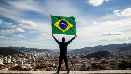A person stands on a rooftop holding the Brazilian flag, with a city and mountains in the background under a cloudy sky.の素材