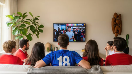 Friends gathered on a couch, focused on the television screen, enjoying a show together in a cozy living room setting.の素材