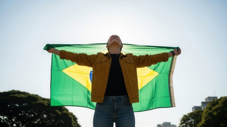 A person stands with arms outstretched, holding the Brazilian flag against a bright sky, celebrating a moment of national pride.の素材