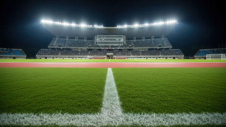 A nighttime view of a stadium with a brightly lit field, track, and grandstands. The image captures the atmosphere of a sporting event.の素材