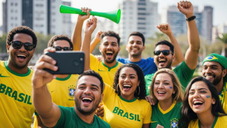 A group of enthusiastic Brazilian soccer fans take a selfie, smiling and cheering, wearing team jerseys and accessories, celebrating a victory or event.の素材