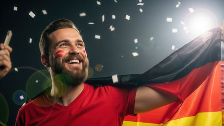 A joyful German fan celebrates a win, holding the national flag with a painted face, surrounded by confetti and a bright light.の素材