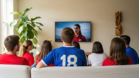 A group of people are sitting on a couch watching television. The TV is mounted on the wall. There is a plant in the background.の素材