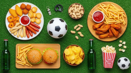 A vibrant overhead shot of a soccer game setup featuring a soccer ball, various snacks, drinks, and a small soccer ball.の素材