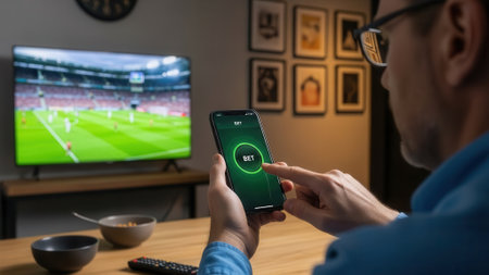 A person is holding a smartphone with a green screen, likely controlling a TV displaying a soccer match. The scene is indoors, with a wooden table and framed pictures in the background.の素材