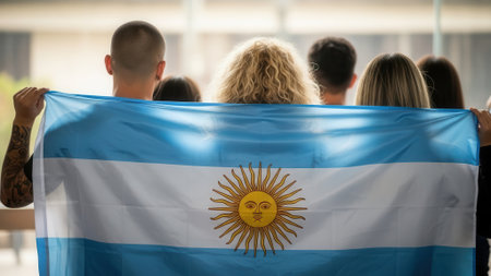 A group of people seen from behind, holding up the Argentinian flag, likely celebrating or showing support.の素材