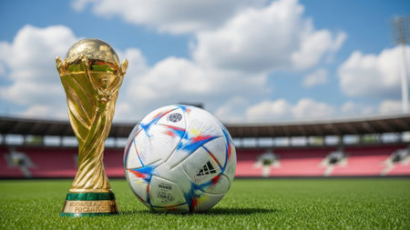 A golden trophy and a soccer ball on a green field, with a stadium in the background and a cloudy sky above.の素材