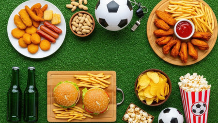 A vibrant overhead shot showcasing a spread of game day snacks and drinks, including burgers, fries, chicken wings, and beer, arranged around soccer balls on a green surface.の素材