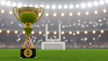 A close-up shot of a golden trophy with a medal, set on a green field with a goal post and lights in the background, symbolizing victory and achievement.の素材