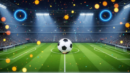 A soccer ball sits on the center spot of a green field in a stadium. The scene is illuminated by bright lights and colorful bokeh.の素材