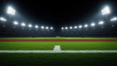 A wide-angle shot of a stadium at night. The field is green, with bright lights overhead. The image captures the essence of a sporting event.の素材