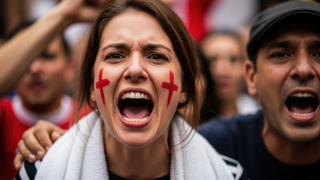 Enthusiastic soccer fans with painted faces and open mouths celebrate a victory, capturing the excitement and energy of the moment.の素材
