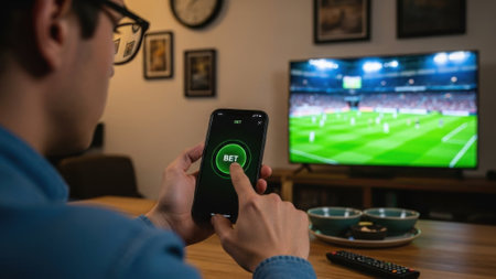 A man is holding a smartphone in front of a television screen, likely streaming a sports game. The room is cozy, with a wooden table and decorative items.の素材