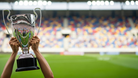 A person holding a trophy high in the air, celebrating a win at a sports stadium with a blurred background of spectators and a green field.の素材