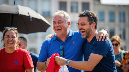 A candid moment captures two men embracing and laughing heartily, surrounded by others in a sunny outdoor setting, radiating happiness and friendship.の素材