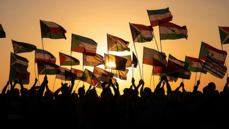 A silhouette of people holding flags against a vibrant sunset. The flags represent various nations, creating a sense of unity and celebration.の素材