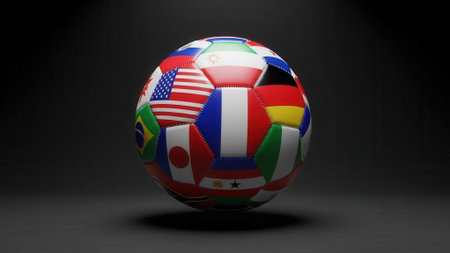 A soccer ball with flags of different countries on a black background, representing international sports and unity.の素材