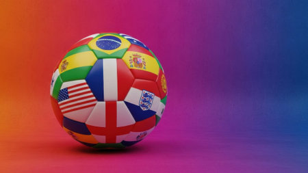 A soccer ball decorated with flags from various nations, set against a vibrant gradient background.の素材