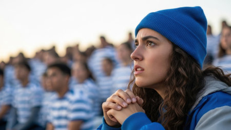 A focused young woman wearing a blue beanie and a blue and white striped jacket, looking intently at something off-camera, with a crowd in the background.の素材