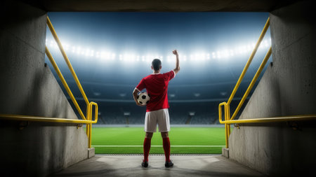 A soccer player stands in a tunnel, holding a ball and celebrating a victory in a stadium.の素材