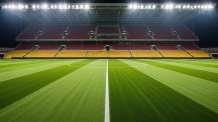 A wide-angle shot of a stadium, showcasing a lush green field with white lines, and rows of seats under bright lights.の素材