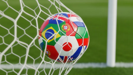 A soccer ball with flags of different countries on the net, representing international competition and the sport of soccer.の素材