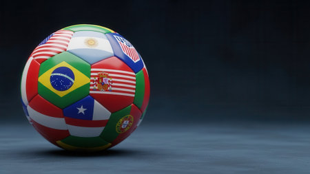 A soccer ball with flags of various countries, showcasing a global sports theme, set against a dark backdrop.の素材