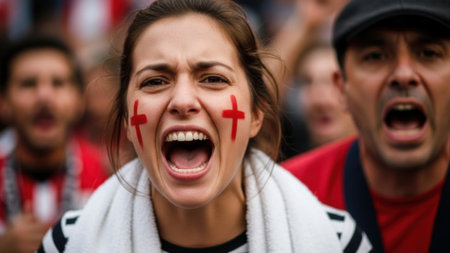 A close-up shot of a female football fan with face paint, screaming with excitement, surrounded by other fans in the background.の素材
