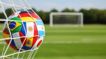 A soccer ball with flags of different countries in the net on a green field with a goal in the background.の素材