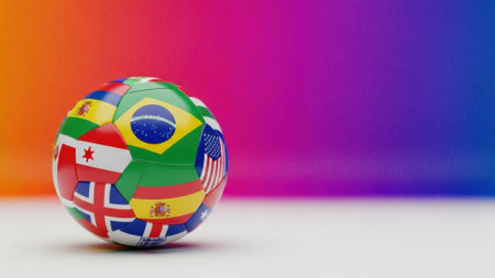 A soccer ball featuring flags of various nations, set against a vibrant gradient backdrop, symbolizing international sports and unity.の素材