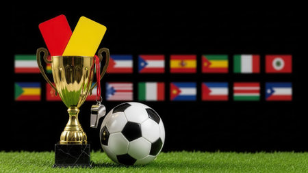 A golden trophy with red and yellow cards, a soccer ball, and flags in the background, all on a green field.の素材
