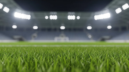 A low-angle shot of a green field in a stadium at night, with bright lights illuminating the scene.の素材
