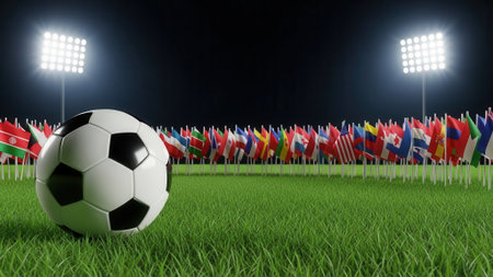 A soccer ball sits on the grass in front of a stadium with flags and bright lights.の素材