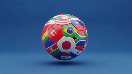 A soccer ball featuring flags from various nations, set against a vibrant blue backdrop, symbolizing global unity and sportsmanship.の素材