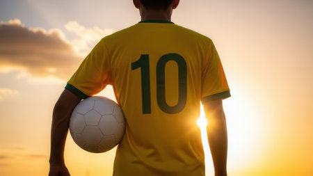 A soccer player wearing a yellow jersey with the number 10 stands with a ball, silhouetted against a vibrant sunset.の素材