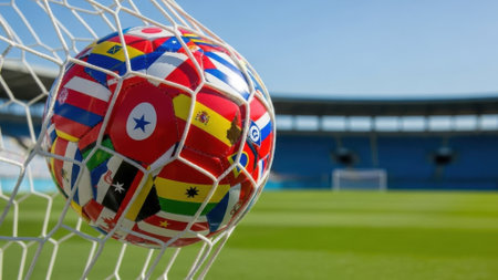 A soccer ball with flags of different countries in the net on a green fieldの素材