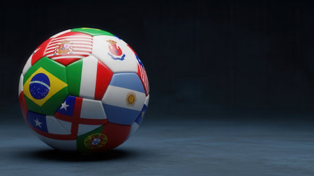 A soccer ball with flags of different countries on a dark background, representing international sports and competition.の素材